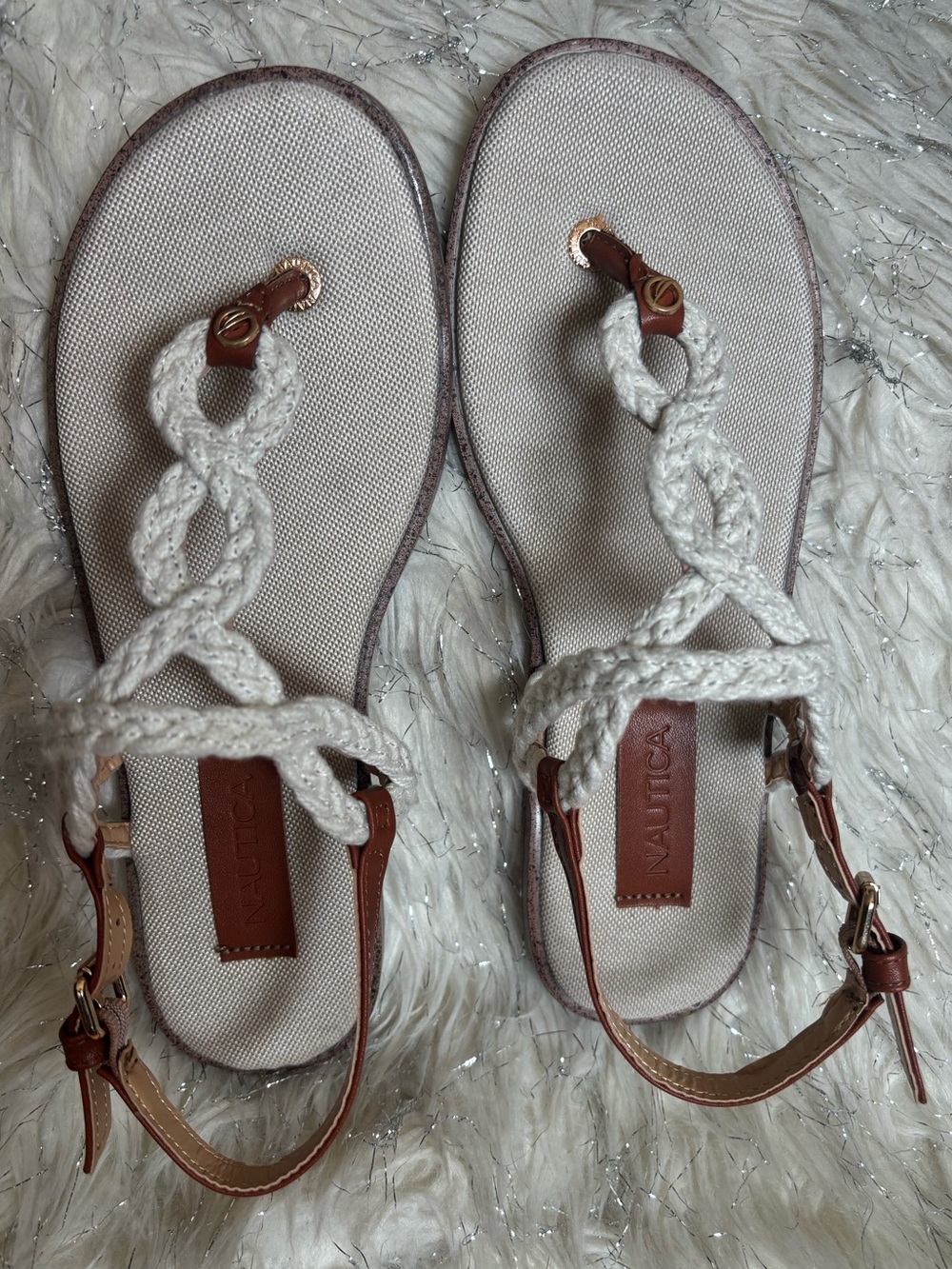Nautica Women’s Cream Braided Thong With Brown Ankle Straps Sandals Size 6.5